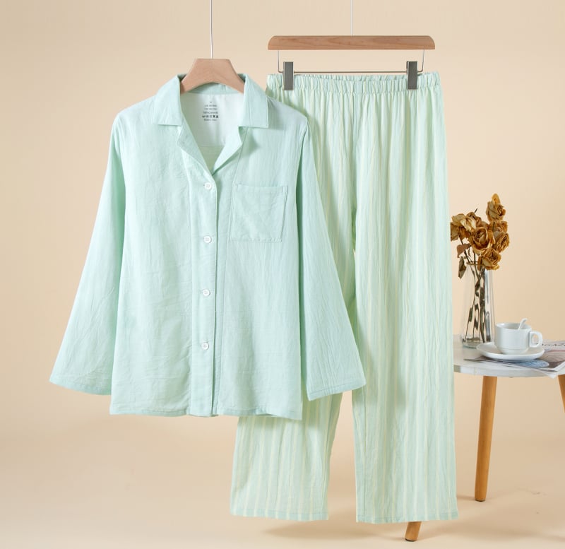 Ženski set pidžama od 100% pamuka, dvostruki sloj gaze, dugi rukav, ovratnik tipa Lapel, dugački hlače, bez uzoraka, pogodan za proljeće i jesen.