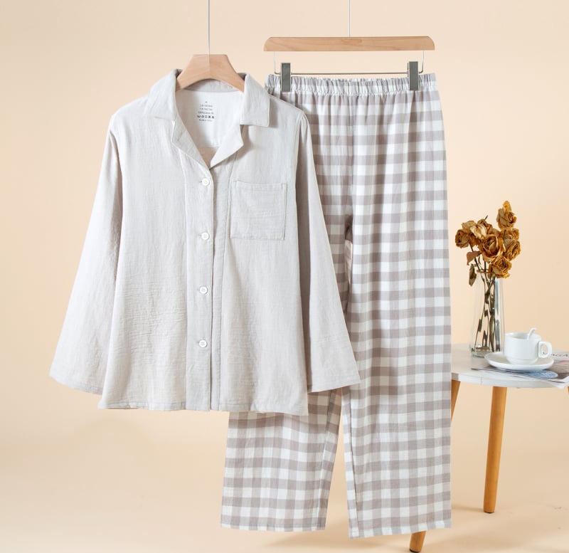 Ženski set pidžama od 100% pamuka, dvostruki sloj gaze, dugi rukav, ovratnik tipa Lapel, dugački hlače, bez uzoraka, pogodan za proljeće i jesen.