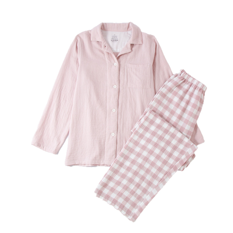 Ženski set pidžama od 100% pamuka, dvostruki sloj gaze, dugi rukav, ovratnik tipa Lapel, dugački hlače, bez uzoraka, pogodan za proljeće i jesen.