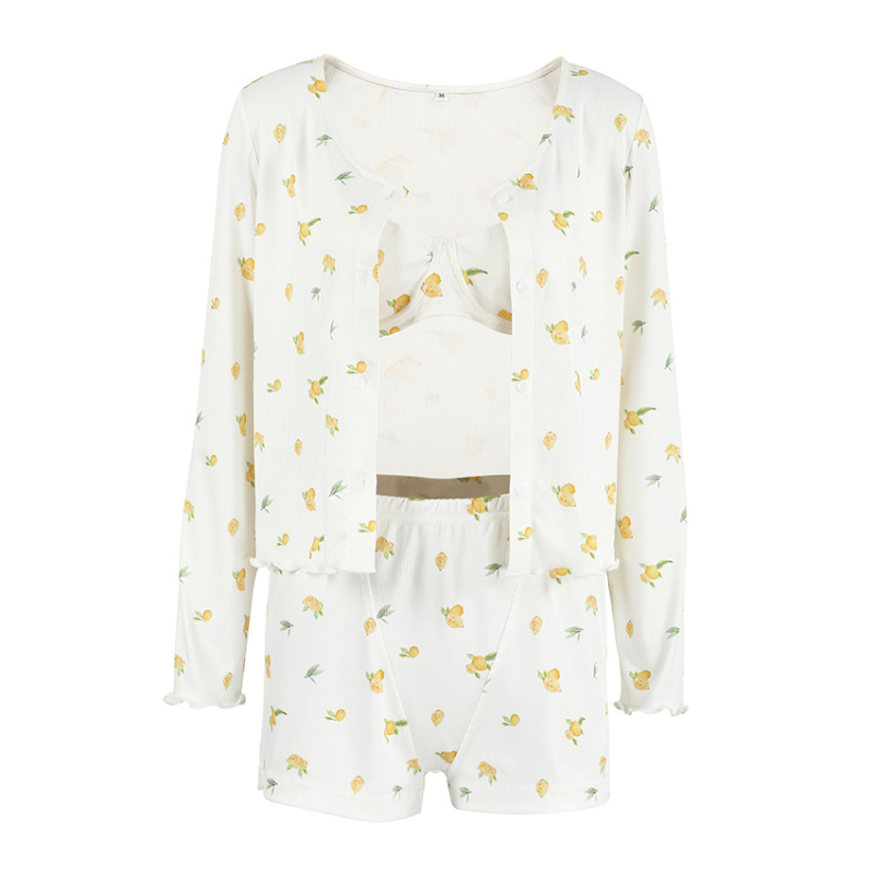 Kootud materjalist pijama komplekt pikkade varrukatega topp ja lühikeste pükstega, ilma kraeta, keskmise paksusega 181-200 g/m2