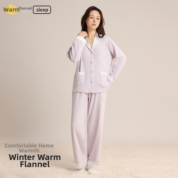 Naiste pijamasekett, Korea stiilis sügis-talv, lihtne ja mugav, Derong kangas, 90–95% polüester, 251–300 g/m², pikad varrukad