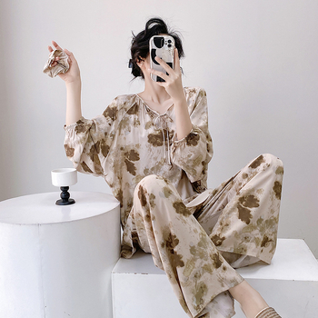 Ženski pidžama set od pamuk-saten viskoze, dugi rukav, ovratnik tip lapel, tanki materijal 121–140 g/m², hlače