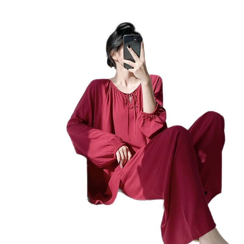 Ženski pidžama set od pamuk-saten viskoze, dugi rukav, ovratnik tip lapel, tanki materijal 121–140 g/m², hlače