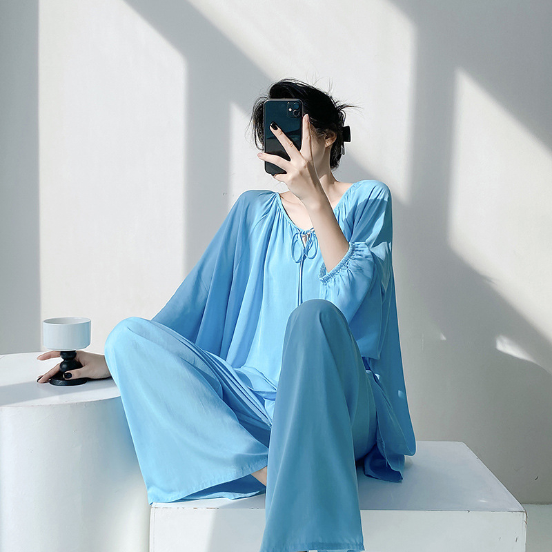 Ženski pidžama set od pamuk-saten viskoze, dugi rukav, ovratnik tip lapel, tanki materijal 121–140 g/m², hlače