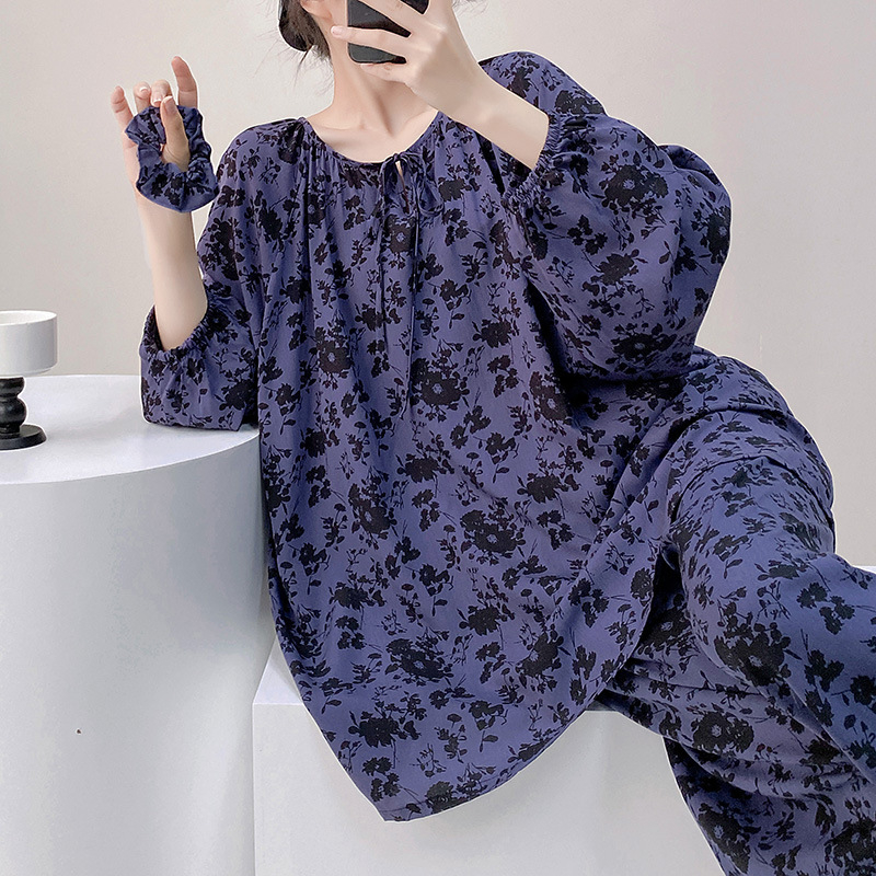 Ženski pidžama set od pamuk-saten viskoze, dugi rukav, ovratnik tip lapel, tanki materijal 121–140 g/m², hlače