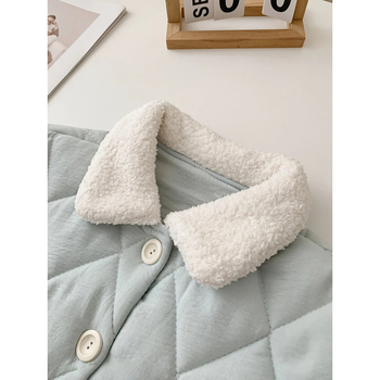 Pijama de damă din bumbac trei straturi, cu căptușeală de fleece – grosime de iarnă, guler păpușă, mâneci lungi