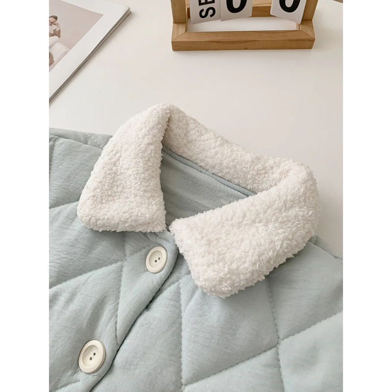 Pijama de damă din bumbac trei straturi, cu căptușeală de fleece – grosime de iarnă, guler păpușă, mâneci lungi