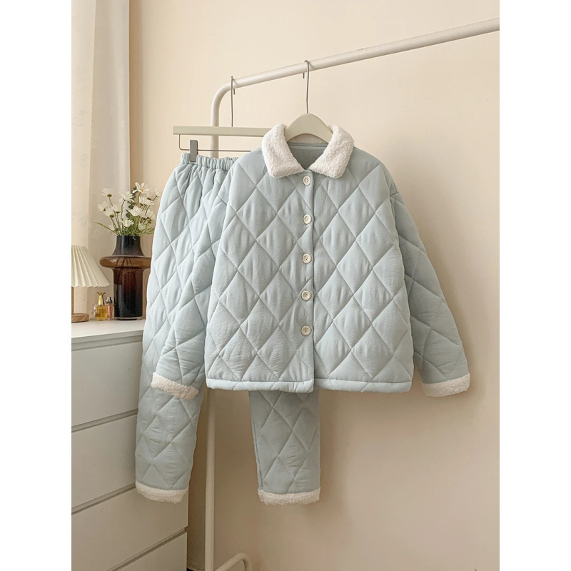 Pijama de damă din bumbac trei straturi, cu căptușeală de fleece – grosime de iarnă, guler păpușă, mâneci lungi