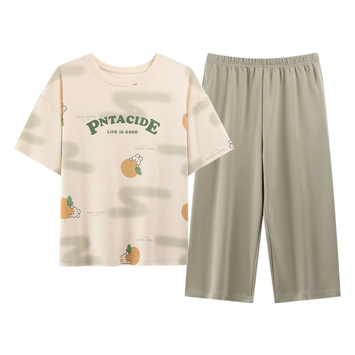 Naiste puuvillane pidžaamasegu, ümmarguse kaelusega top, 3/4 varrukad ja lühikesed püksid, 100% puuvill