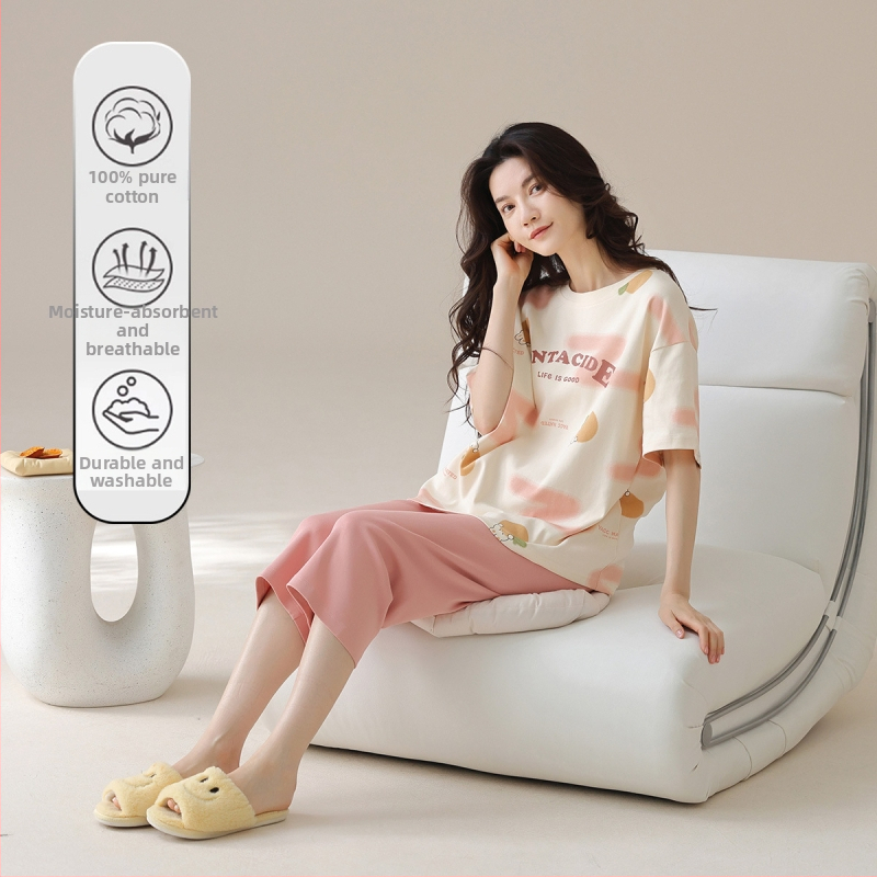 Naiste puuvillane pidžaamasegu, ümmarguse kaelusega top, 3/4 varrukad ja lühikesed püksid, 100% puuvill