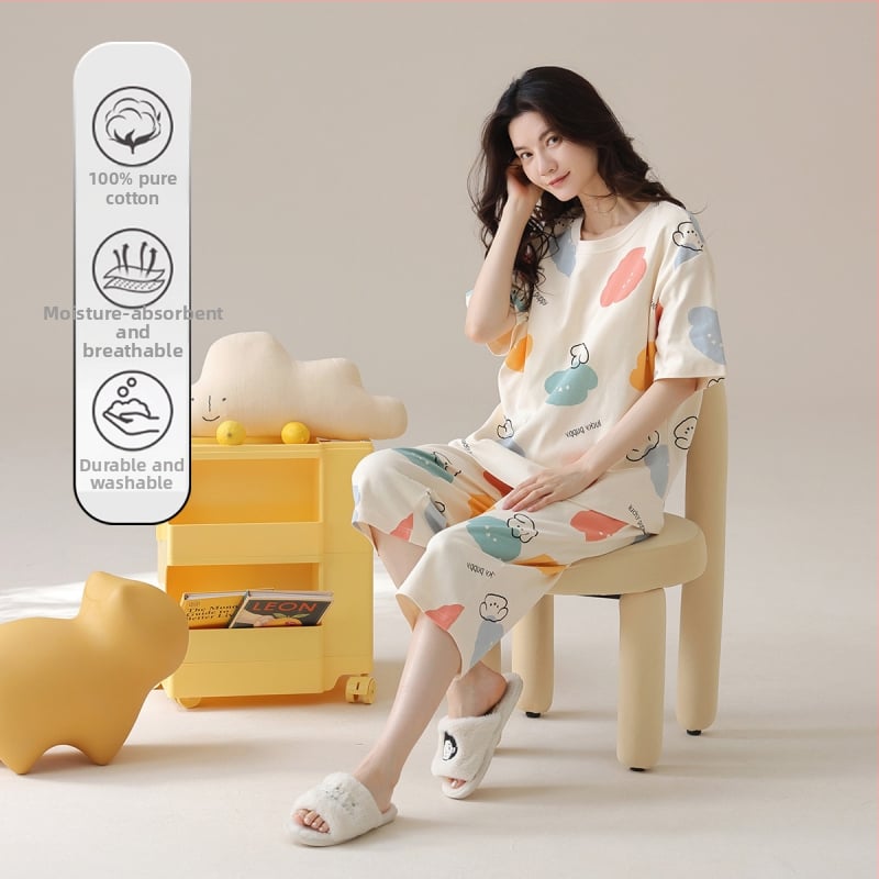Naiste puuvillane pidžaamasegu, ümmarguse kaelusega top, 3/4 varrukad ja lühikesed püksid, 100% puuvill