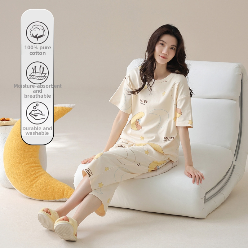 Naiste puuvillane pidžaamasegu, ümmarguse kaelusega top, 3/4 varrukad ja lühikesed püksid, 100% puuvill