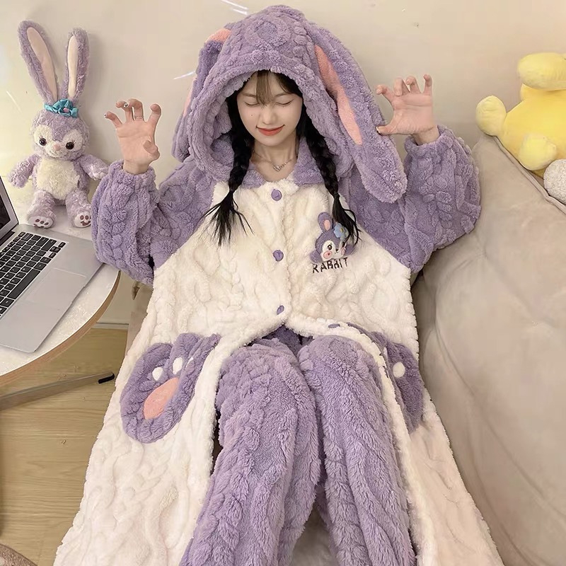 Ženske zimske pidžame s cardiganom od koralnog fleisa, debeli materijal, dugi rukavi