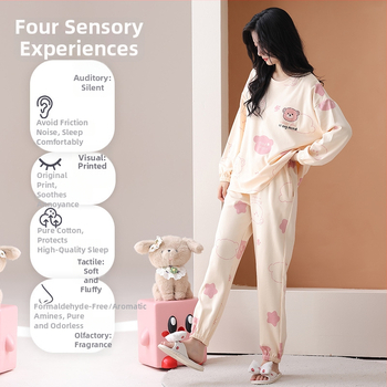 Naiste puuvillased pidžaamad, kahekohaline komplekt, pikkade varrukatega, ümmarguse kaelusega, püksid, sõbralik ja armas stiil