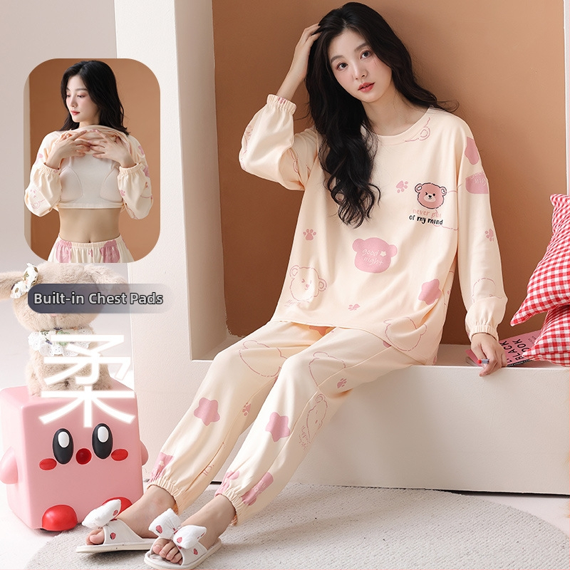 Naiste puuvillased pidžaamad, kahekohaline komplekt, pikkade varrukatega, ümmarguse kaelusega, püksid, sõbralik ja armas stiil