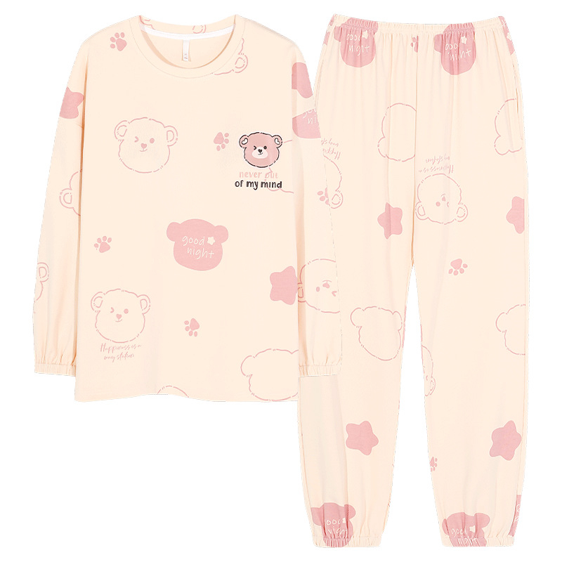 Naiste puuvillased pidžaamad, kahekohaline komplekt, pikkade varrukatega, ümmarguse kaelusega, püksid, sõbralik ja armas stiil