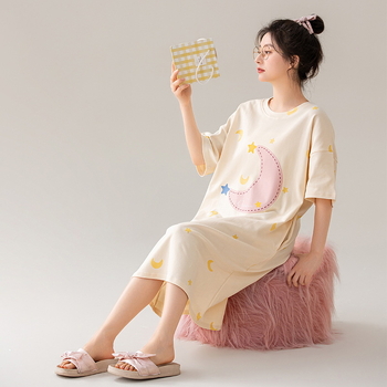 Ženska pamučna noćna haljina, okrugli izrez, rukavi 3/4, srednja duljina, sladak i šarmantan stil