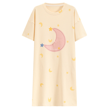 Ženska pamučna noćna haljina, okrugli izrez, rukavi 3/4, srednja duljina, sladak i šarmantan stil