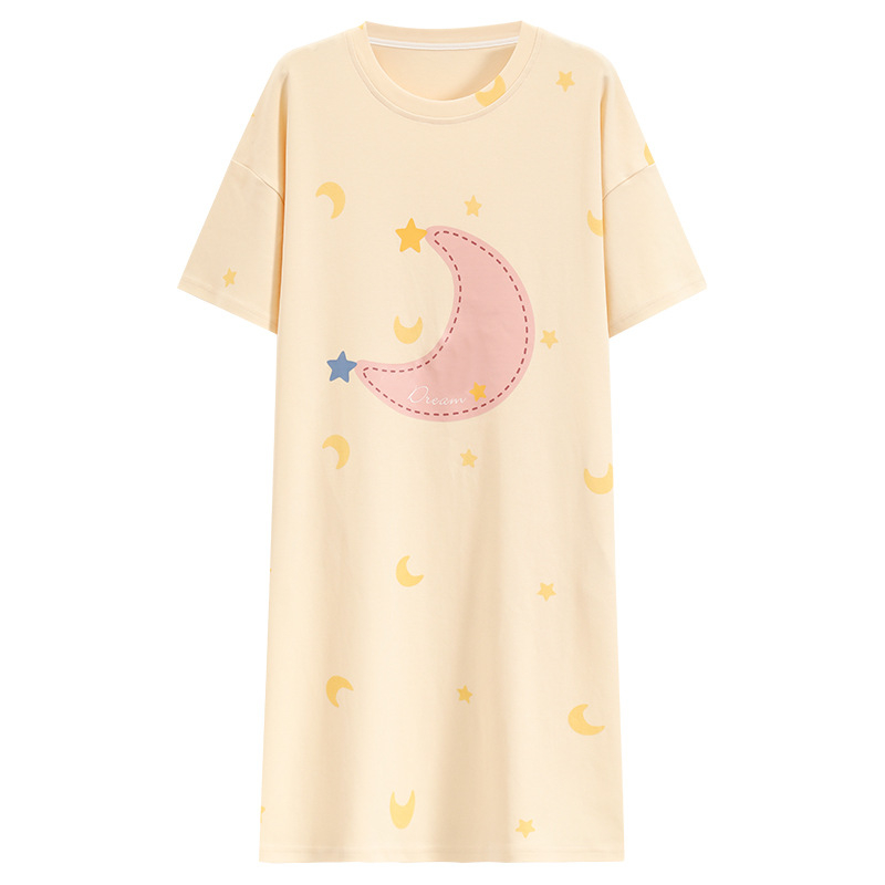 Ženska pamučna noćna haljina, okrugli izrez, rukavi 3/4, srednja duljina, sladak i šarmantan stil