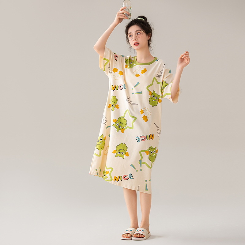 Ženska pamučna noćna haljina, okrugli izrez, rukavi 3/4, srednja duljina, sladak i šarmantan stil