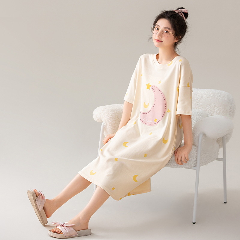 Ženska pamučna noćna haljina, okrugli izrez, rukavi 3/4, srednja duljina, sladak i šarmantan stil