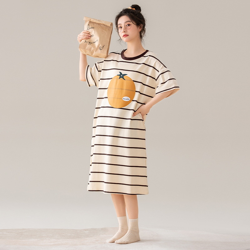 Ženska pamučna noćna haljina, okrugli izrez, rukavi 3/4, srednja duljina, sladak i šarmantan stil