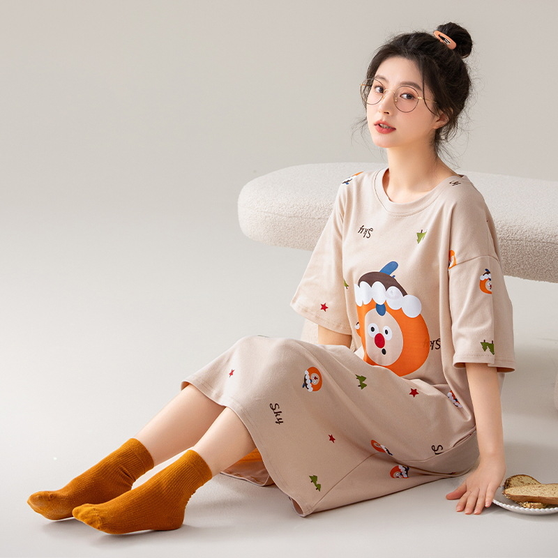 Ženska pamučna noćna haljina, okrugli izrez, rukavi 3/4, srednja duljina, sladak i šarmantan stil