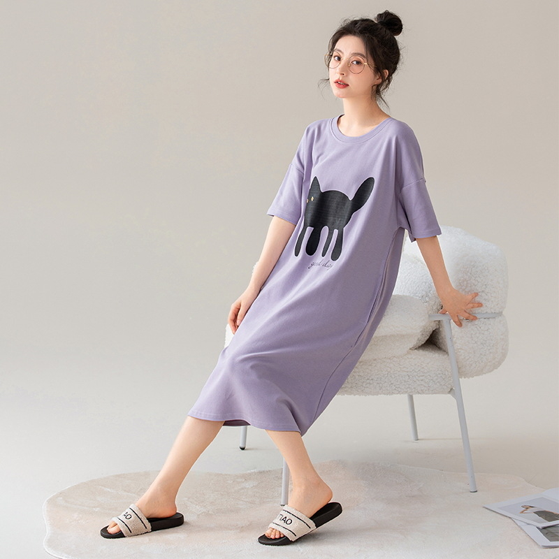 Ženska pamučna noćna haljina, okrugli izrez, rukavi 3/4, srednja duljina, sladak i šarmantan stil