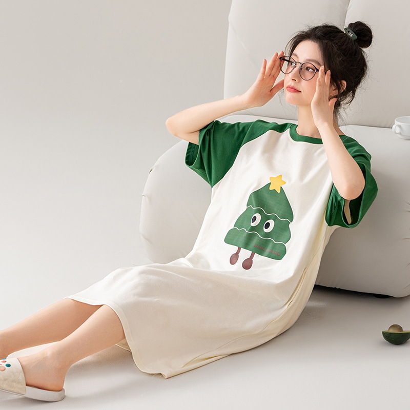 Ženska pamučna noćna haljina, okrugli izrez, rukavi 3/4, srednja duljina, sladak i šarmantan stil