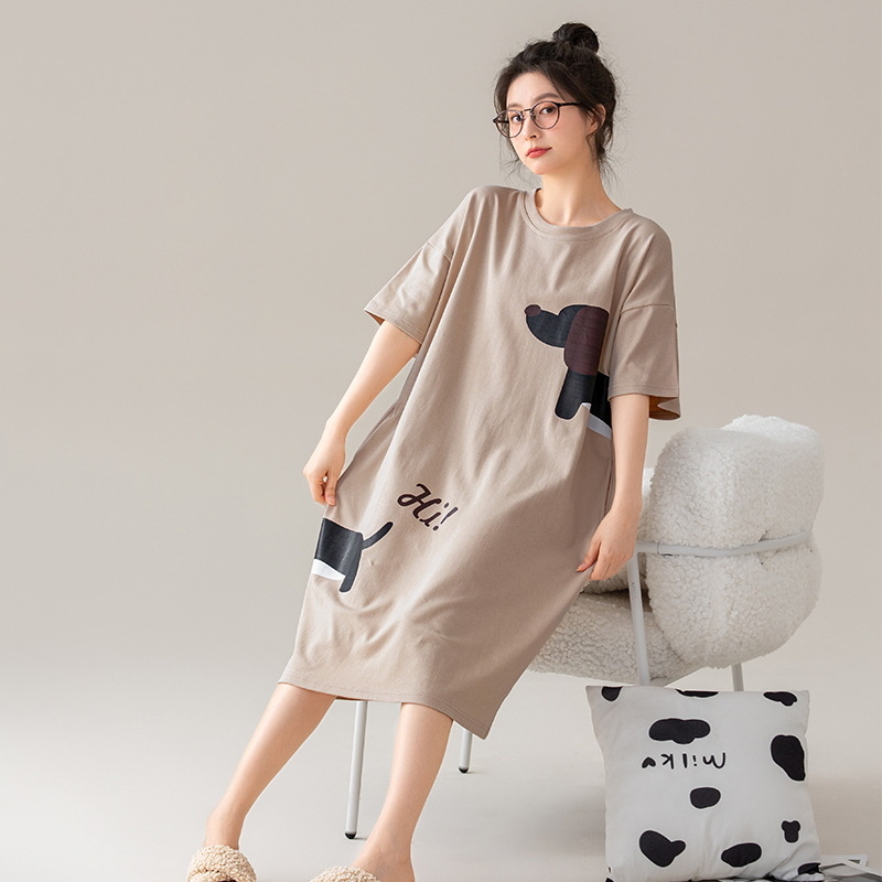 Ženska pamučna noćna haljina, okrugli izrez, rukavi 3/4, srednja duljina, sladak i šarmantan stil