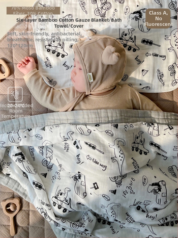 Deka pre bábätká — 70% bambusové vlákno, 30% bavlna; motív zvierat/karikatúra; celoročné použitie; vhodné pre dojčatá a batoľatá (1–3 roky); bezpečnostná trieda A.