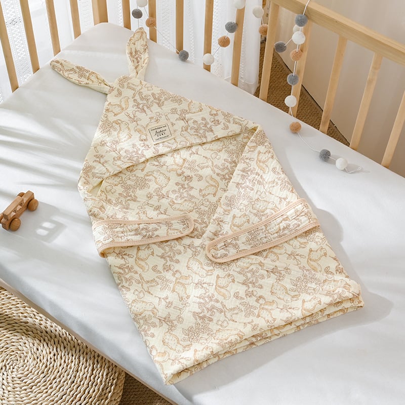 Kūdikio keturių sluoksnių medvilninė marlė swaddle antklodė su gobtuvu ir ilgomis ausimis, naujagimiui, 225 g, pavasaris-ruduo
