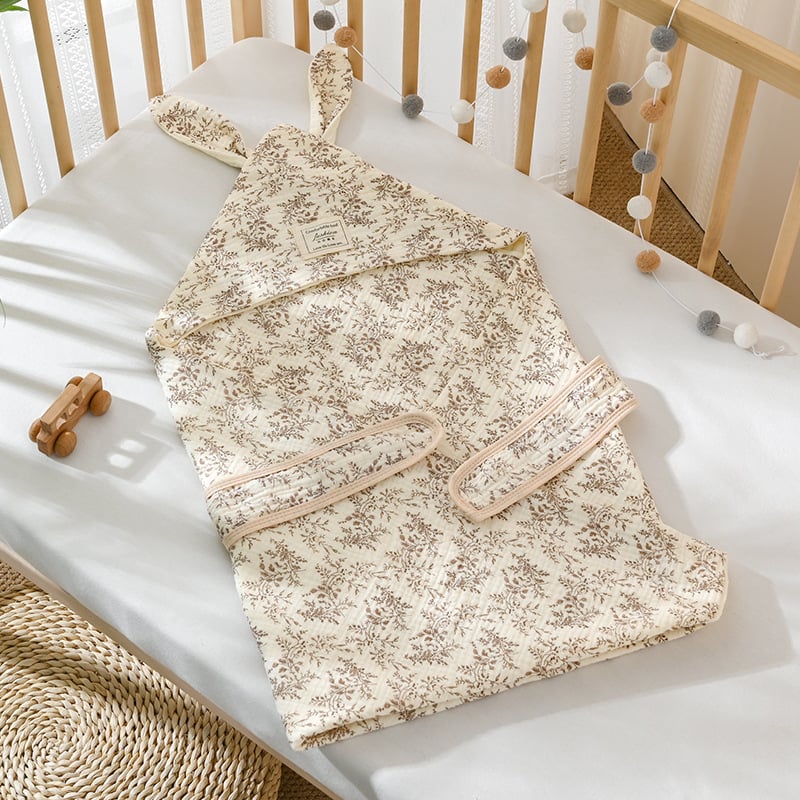 Kūdikio keturių sluoksnių medvilninė marlė swaddle antklodė su gobtuvu ir ilgomis ausimis, naujagimiui, 225 g, pavasaris-ruduo