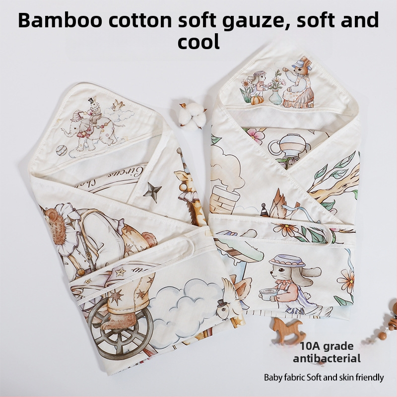 Naujagimio įvyniojimo pledas iš bambuko pluošto, vasarinė lengva versija, iki 0,5 kg, karikatūrų dizainas