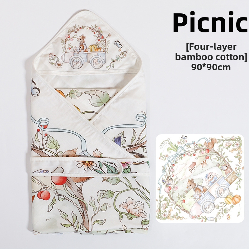 Naujagimio įvyniojimo pledas iš bambuko pluošto, vasarinė lengva versija, iki 0,5 kg, karikatūrų dizainas