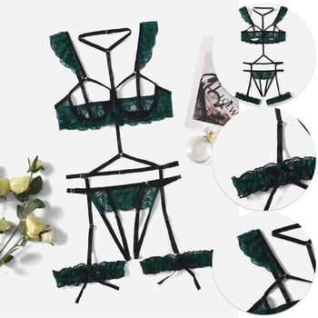 Seksuali nėriniuota liemenėlė, iškirpta kojų uniforma, atviros krūtys, atviras bikinis, keliaraiščio diržo apatinių komplektas, gundantis ir jausmingas