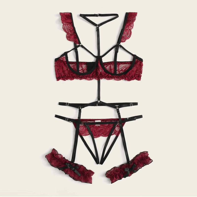 Seksuali nėriniuota liemenėlė, iškirpta kojų uniforma, atviros krūtys, atviras bikinis, keliaraiščio diržo apatinių komplektas, gundantis ir jausmingas