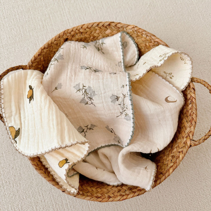 Prosop de față pentru bebeluși, tifon din bumbac 100%, imprimeu floral, formă pătrată moale, 120–140 g