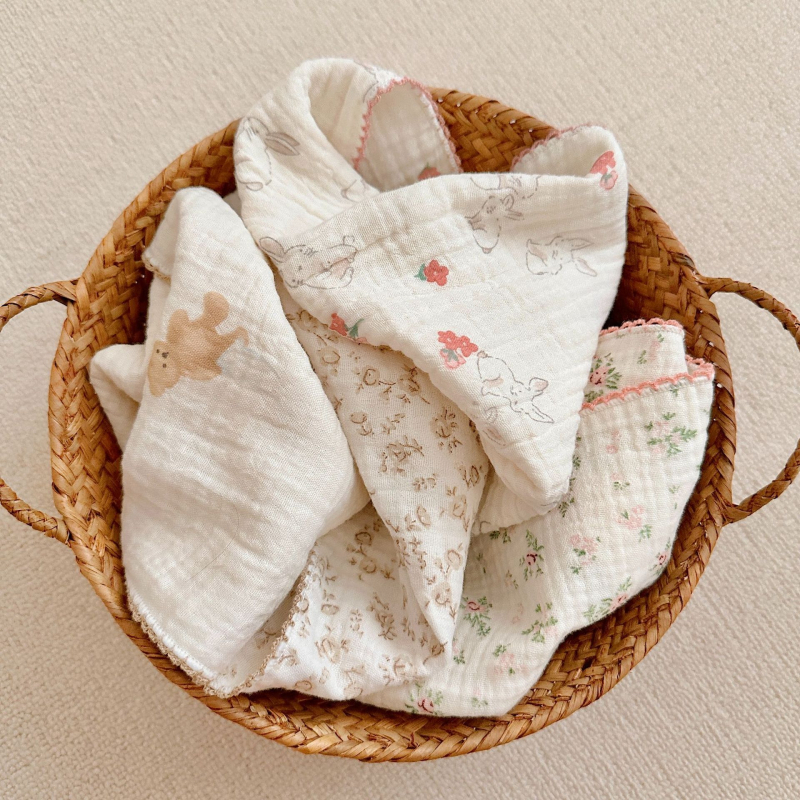 Prosop de față pentru bebeluși, tifon din bumbac 100%, imprimeu floral, formă pătrată moale, 120–140 g