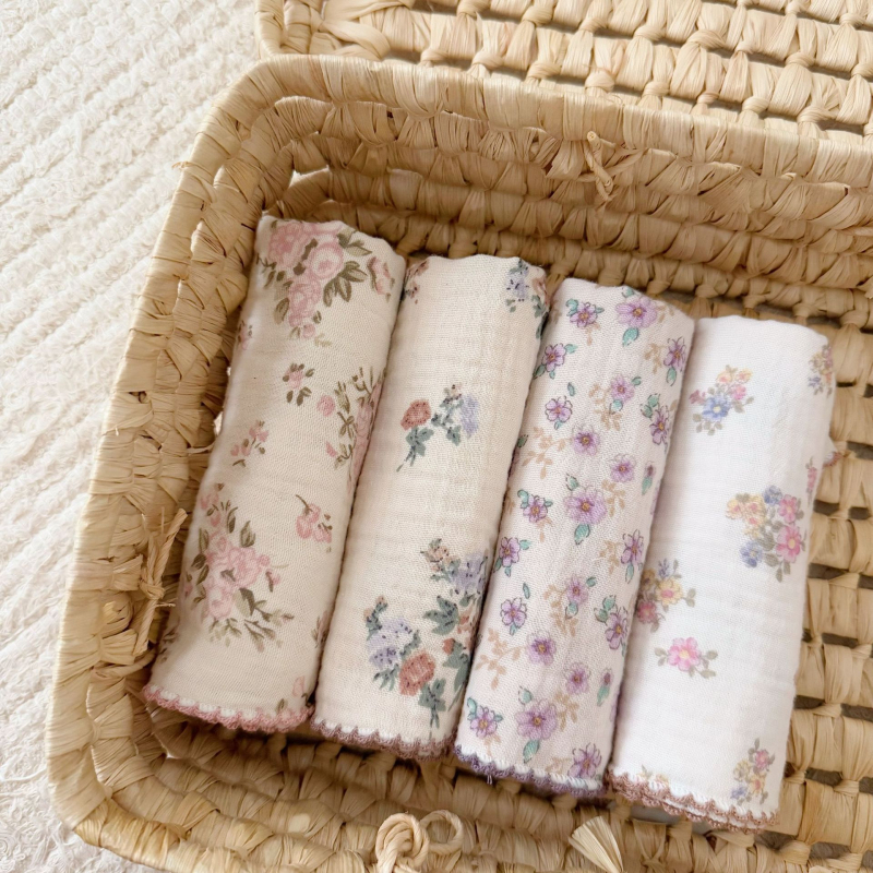 Prosop de față pentru bebeluși, tifon din bumbac 100%, imprimeu floral, formă pătrată moale, 120–140 g