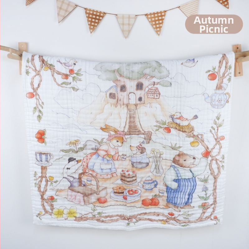 Kūdikių marlių rankšluostis su karikatūrų raštu – visiems metų laikams, 300–400 g, 40 siūlų, Spausdinta