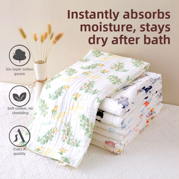 Šešių sluoksnių medvilninė marle kūdikių vonios rankšluostis, sugeriantis, su ranka nupieštu raštu, Klasė A