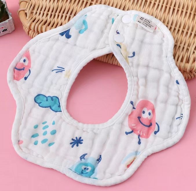 Kūdikių trikampis kaklui iš 100% medvilnės, šešių sluoksnių bubble gauze audinys, tinka naujagimiams, su piešiniais ir gėlėmis, sugest drėgmę, kvėpuojantis