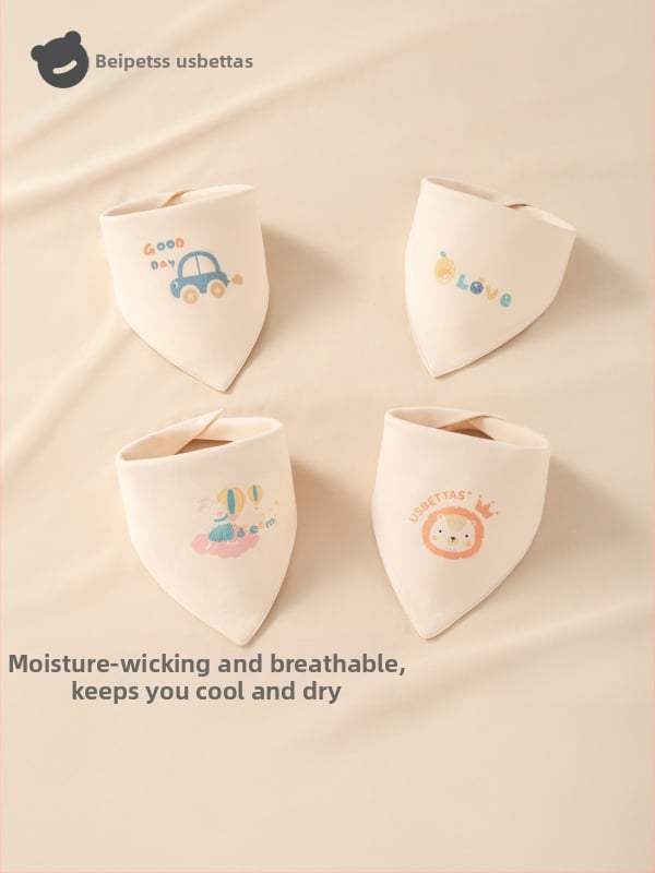 Kūdikio trikampio seilinukas – medvilnė >95%, animacinis piešinys, 0–1 metų, Beta Peptide prekės ženklas.