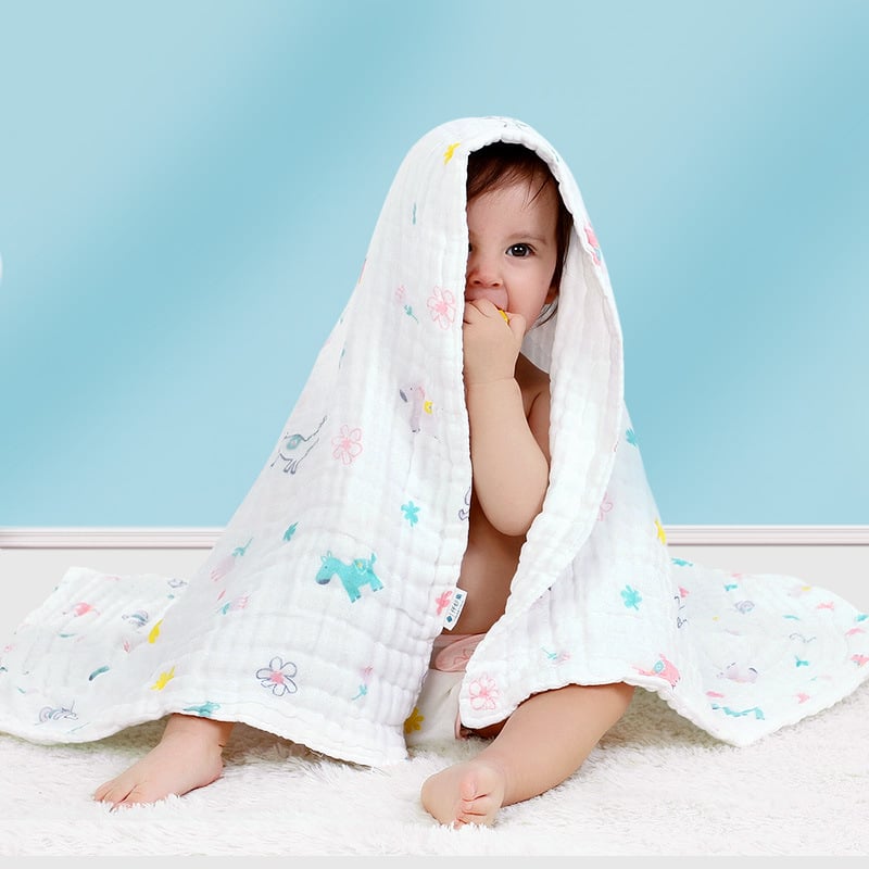 Kūdikio vonios rankšluostis iš grynos medvilnės marlės, 9 sluoksniai, 40s siūlai, Cartoon spausdinimas, greitas džiūvimas