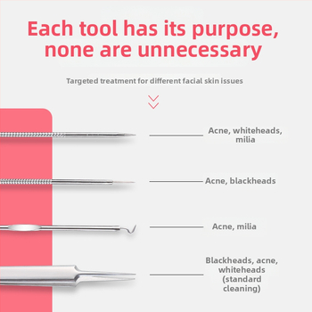 Izilin nerūdijančio plieno spuogų adatos rinkinys, 5 vnt., dėžutėje, dviejų galų