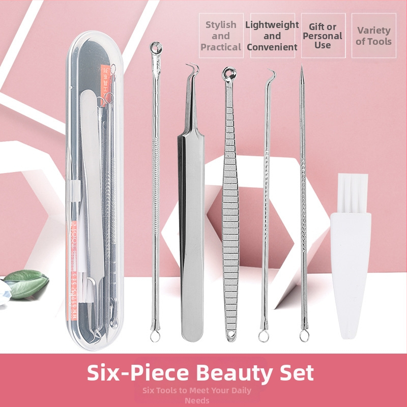 Sada 6 ihiel na akné, nehrdzavejúca oceľ – obsahuje ihlu na čierne bodky, pinzetu a klip na akné