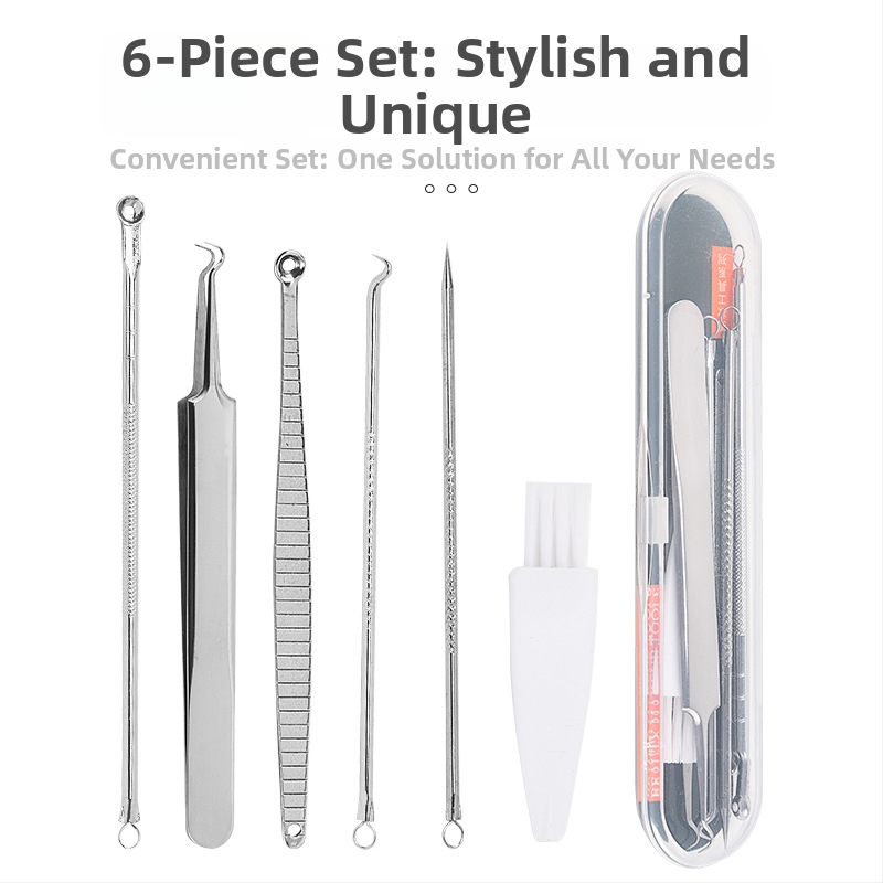 Sada 6 ihiel na akné, nehrdzavejúca oceľ – obsahuje ihlu na čierne bodky, pinzetu a klip na akné