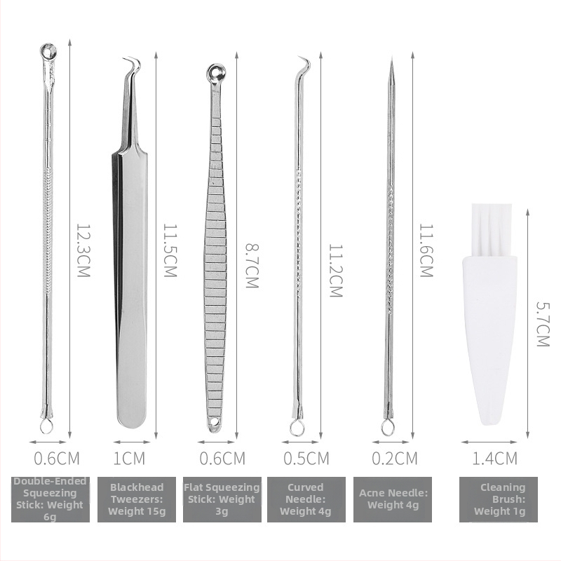 Sada 6 ihiel na akné, nehrdzavejúca oceľ – obsahuje ihlu na čierne bodky, pinzetu a klip na akné