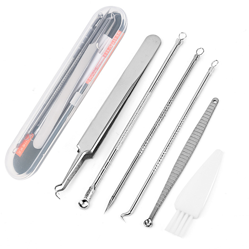 Комплект от 6 игли за акне, неръждаема стомана — включва игла за черни точки, пинсети и клип за акне